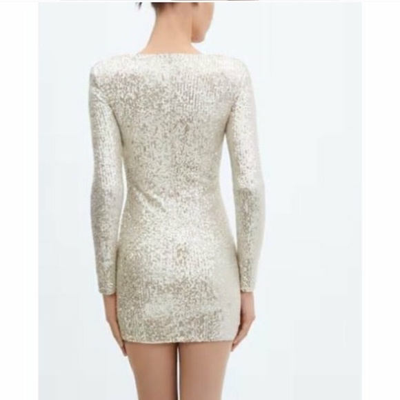 Mango Champagne Sequin Shoulder Pad Mini Dress Women Size 8 NWT Cocktail - Picture 2 of 7